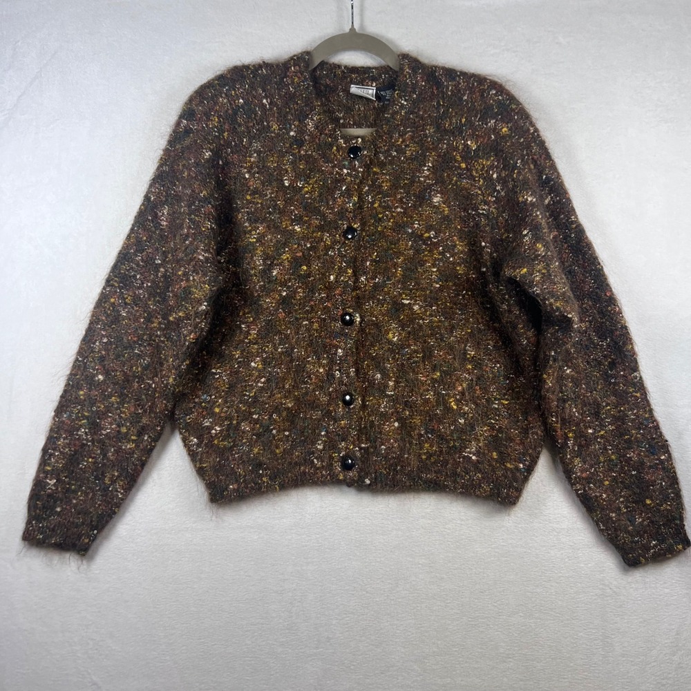 Vintage Paul Et Duffier Mohair Blend Confetti Knit Cardigan Sweater Brown Small